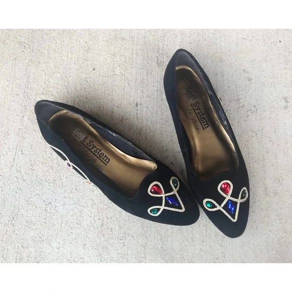 vintage 80s COLORFUL JEWELS black suede pointy FLATS unique avant garde rainbow - Picture 6 of 10